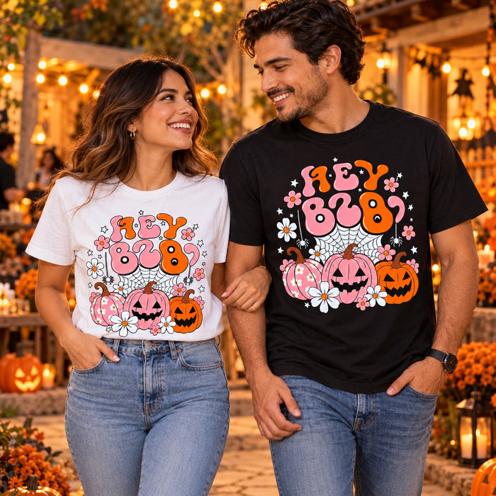 Una pareja luciendo la camiseta Hey Boo