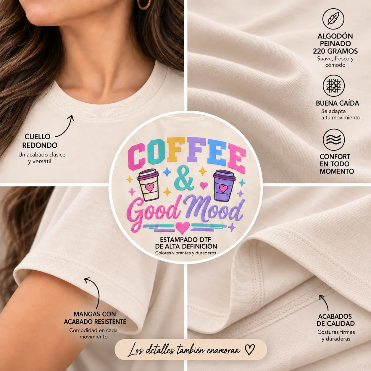 Detalles de tela, cuello, mangas, costuras y estampado de la camiseta Coffee & Good Mood