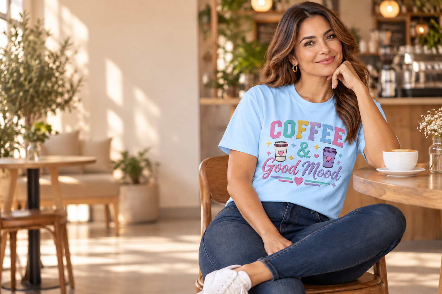 Modelo usando la camiseta Coffee & Good Mood color azul bebé