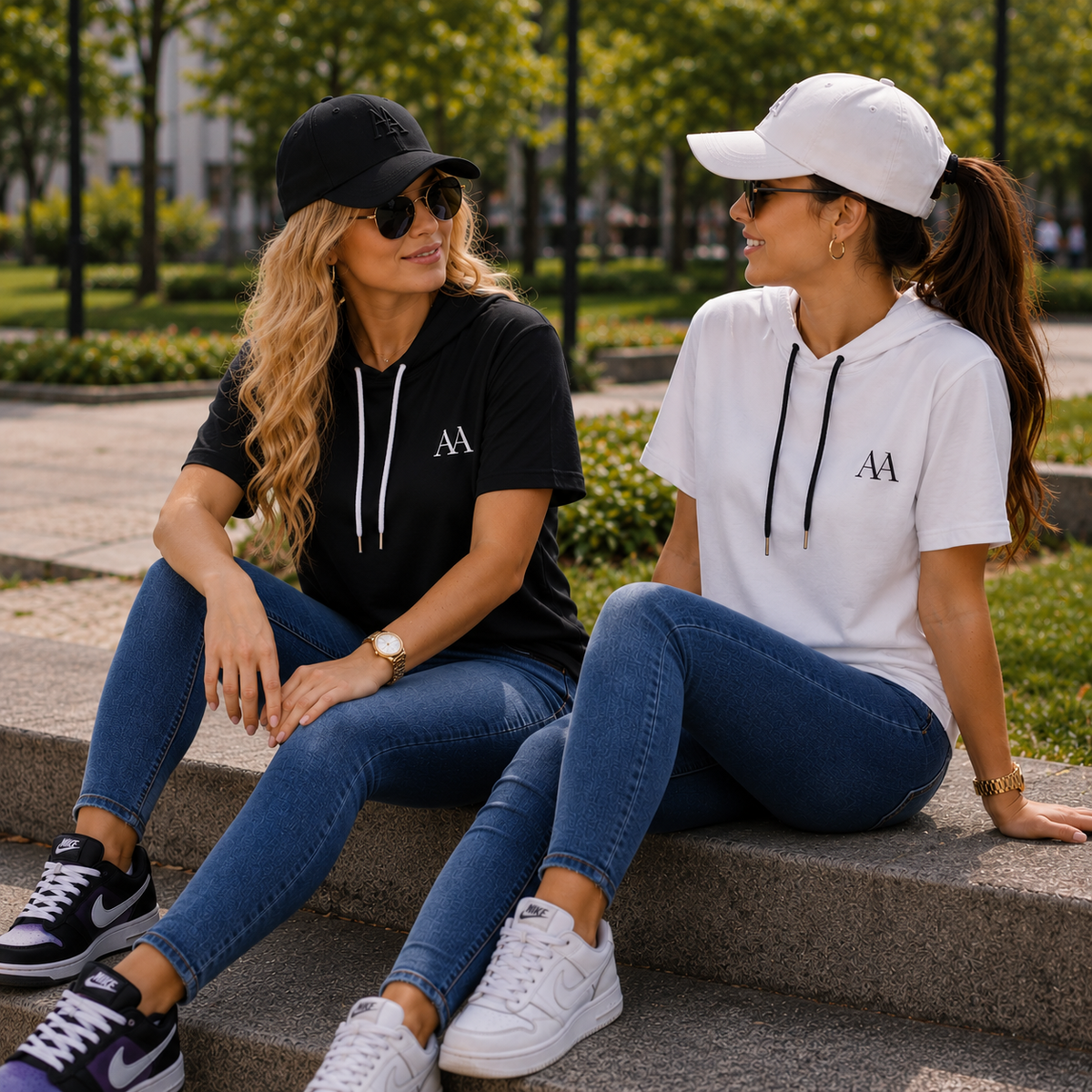 Dos amigas con camisetas Doble AA