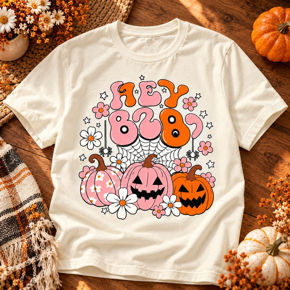 Detalle del estampado Hey Boo con calabazas, flores y telaraña